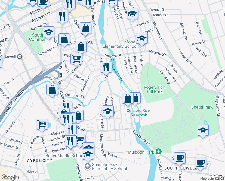map of restaurants, bars, coffee shops, grocery stores, and more near 674 Lawrence Street in Lowell