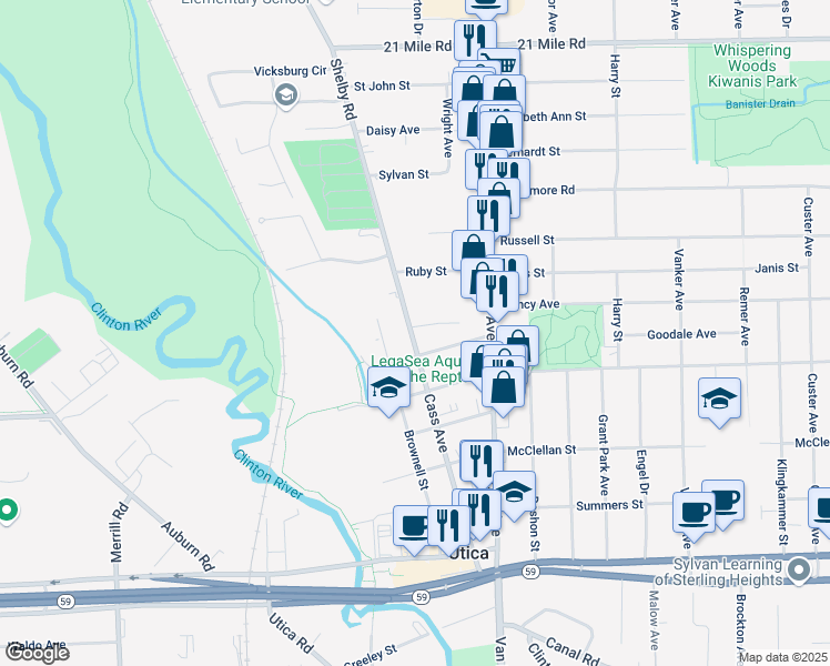 map of restaurants, bars, coffee shops, grocery stores, and more near 45890 Cass Avenue in Utica