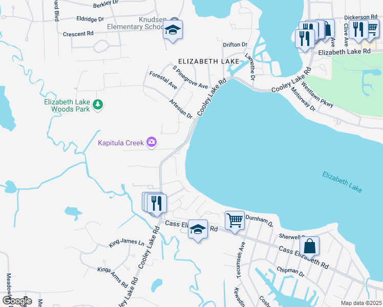 map of restaurants, bars, coffee shops, grocery stores, and more near 5365 Cooley Lake Road in Waterford Township
