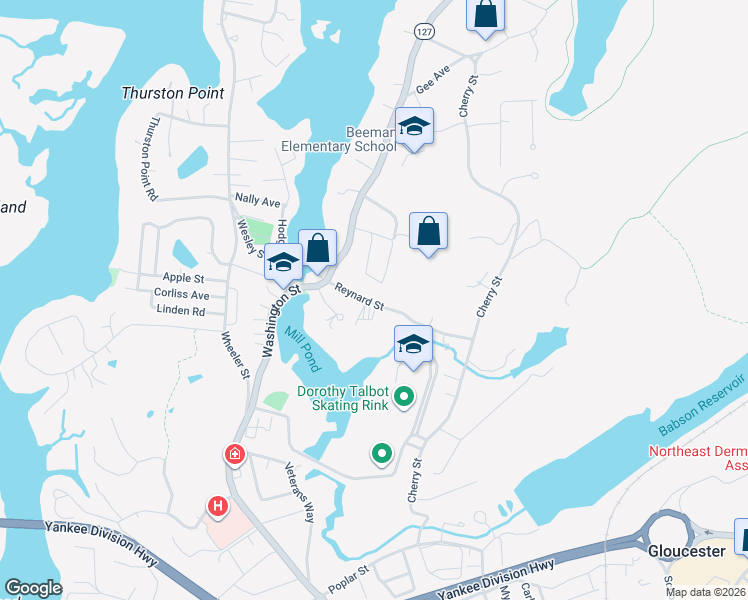 map of restaurants, bars, coffee shops, grocery stores, and more near 23 Echo Avenue in Gloucester