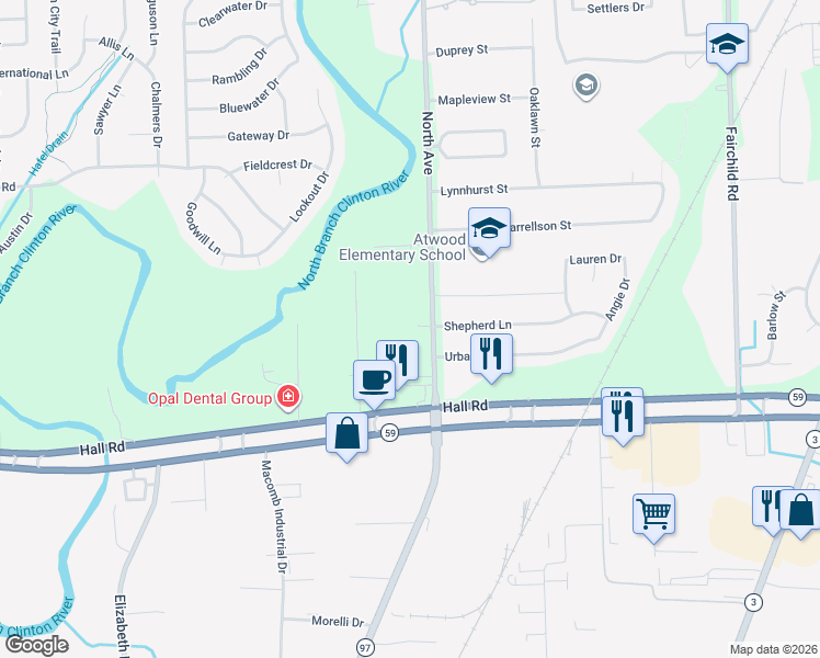 map of restaurants, bars, coffee shops, grocery stores, and more near 45531 North Avenue in Macomb