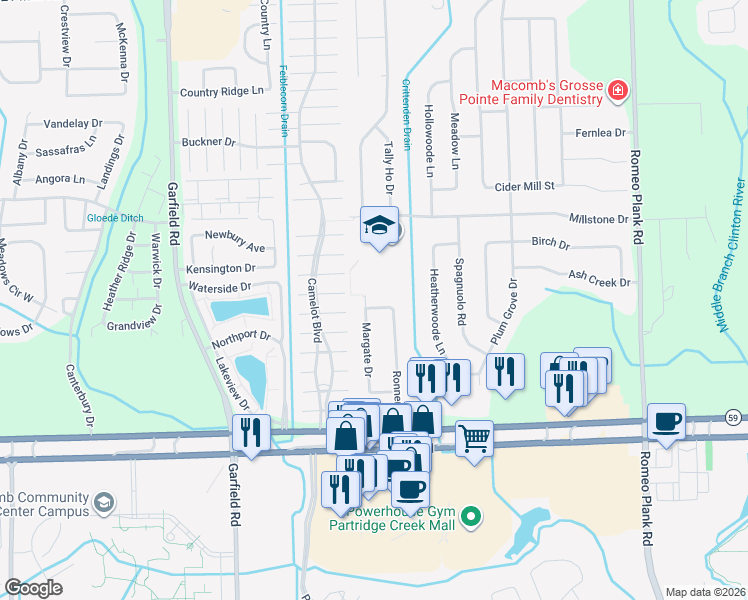 map of restaurants, bars, coffee shops, grocery stores, and more near 17509 Yaneev Drive in Macomb