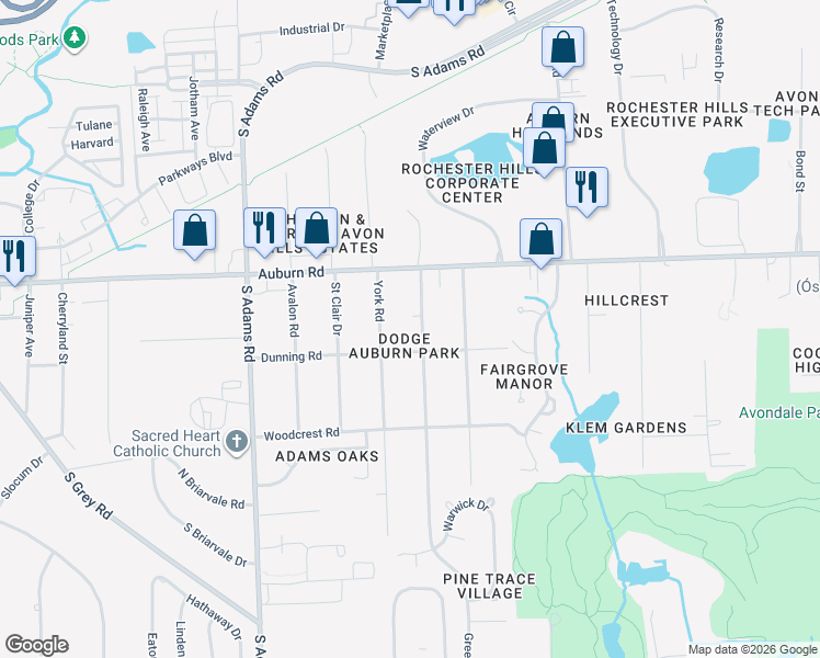map of restaurants, bars, coffee shops, grocery stores, and more near 3052 Greenwood Street in Rochester Hills