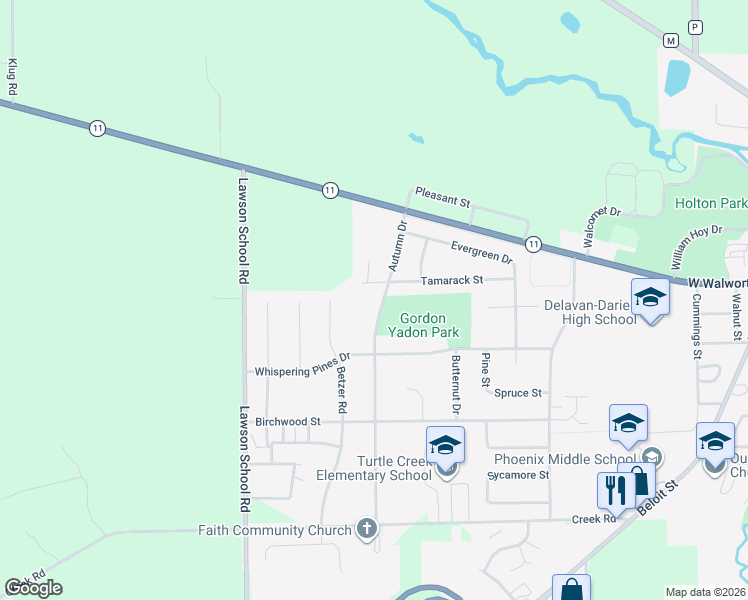 map of restaurants, bars, coffee shops, grocery stores, and more near 1502 Tamarack Street in Delavan