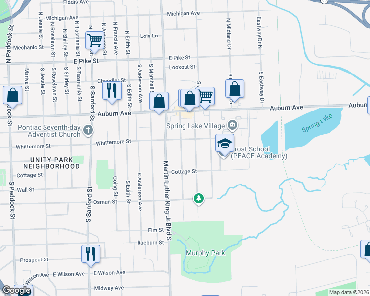 map of restaurants, bars, coffee shops, grocery stores, and more near 192 Russell Street in Pontiac