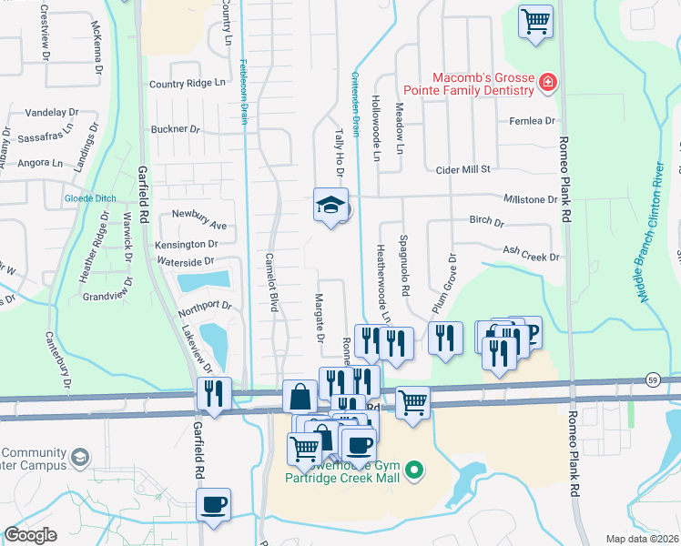 map of restaurants, bars, coffee shops, grocery stores, and more near 17509 Yaneev Drive in Macomb