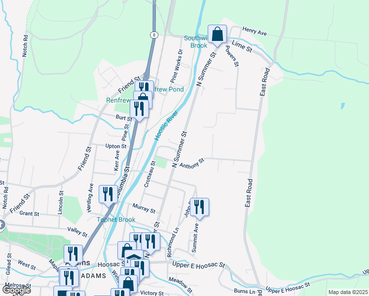 map of restaurants, bars, coffee shops, grocery stores, and more near 104 N Summer St in Adams