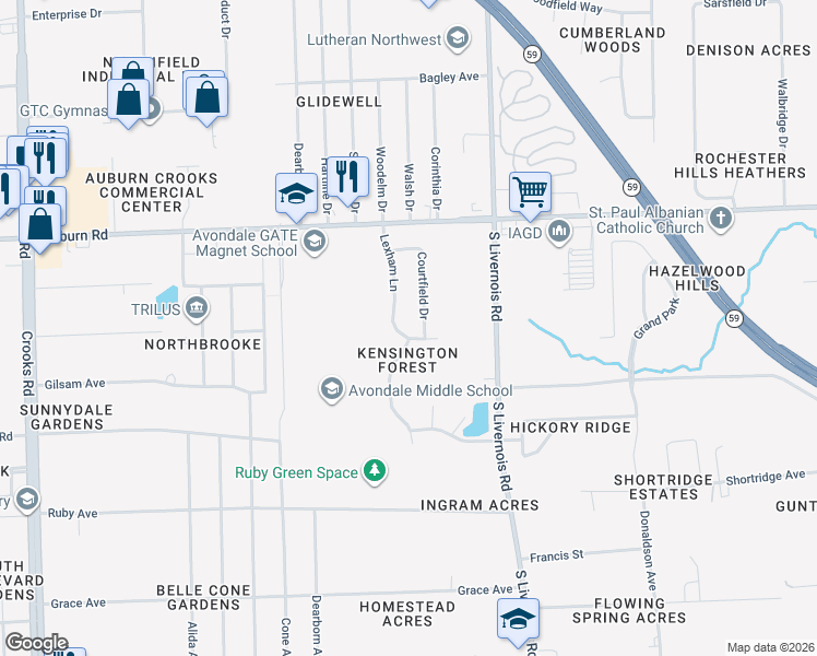 map of restaurants, bars, coffee shops, grocery stores, and more near 3127 Lexham Lane in Rochester Hills