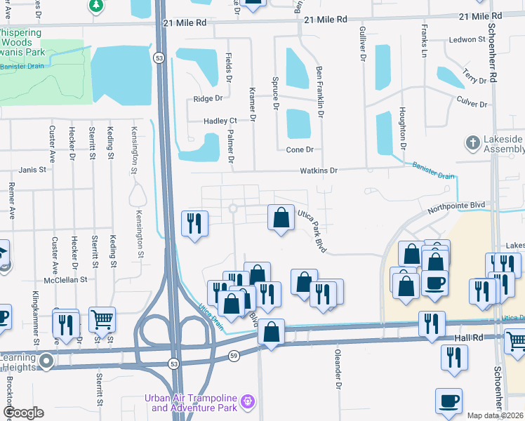 map of restaurants, bars, coffee shops, grocery stores, and more near 45627 Mandalay Circle in Utica
