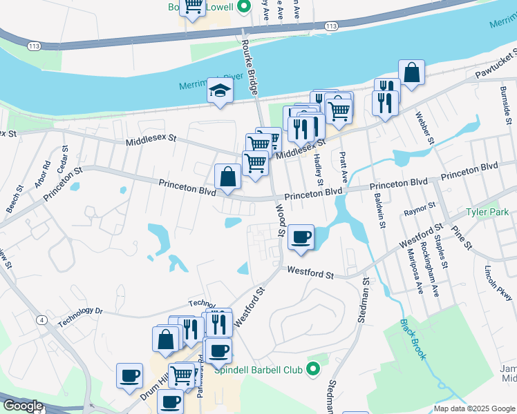 map of restaurants, bars, coffee shops, grocery stores, and more near 686 Princeton Boulevard in Lowell