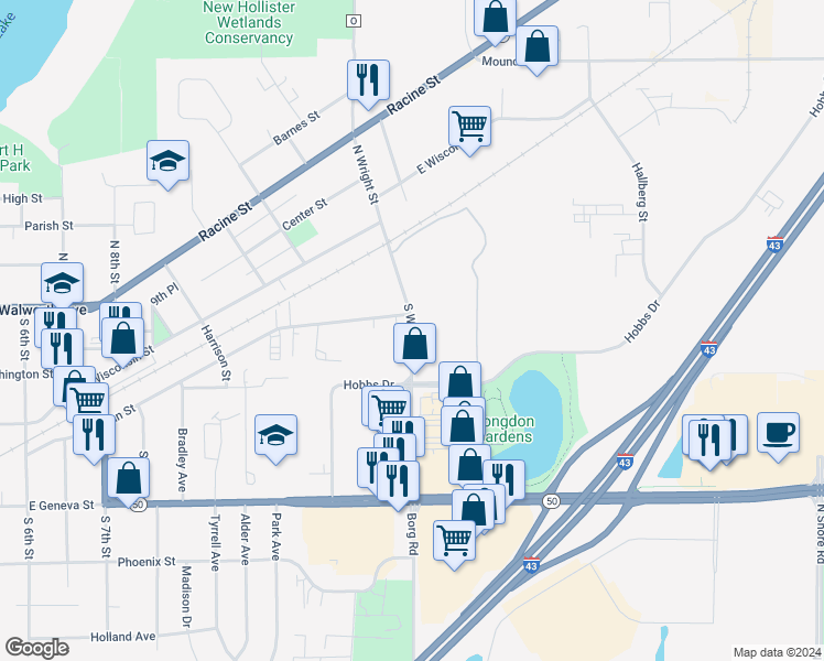 map of restaurants, bars, coffee shops, grocery stores, and more near 274 South Wright Street in Delavan