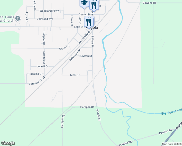 map of restaurants, bars, coffee shops, grocery stores, and more near 150 South Main Street in Angola