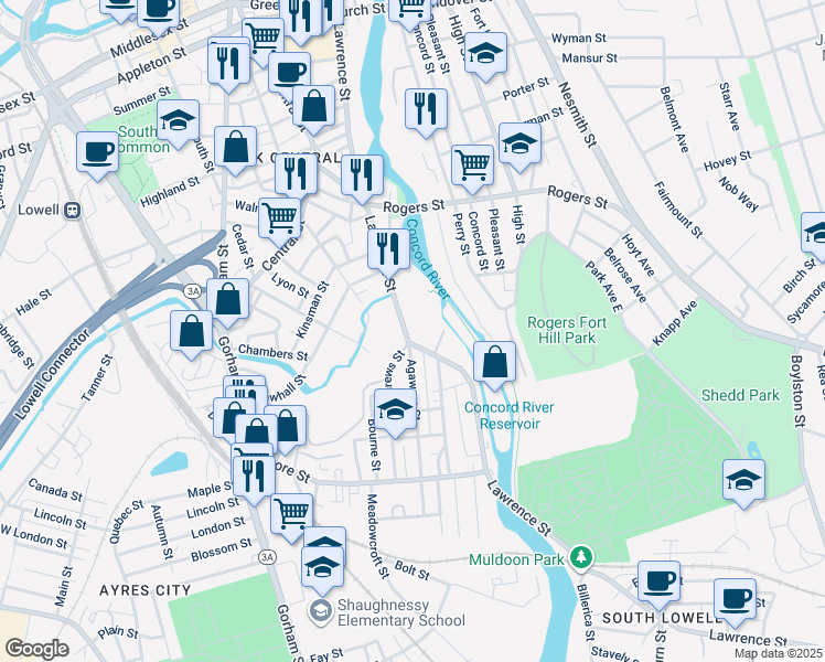 map of restaurants, bars, coffee shops, grocery stores, and more near 674 Lawrence Street in Lowell
