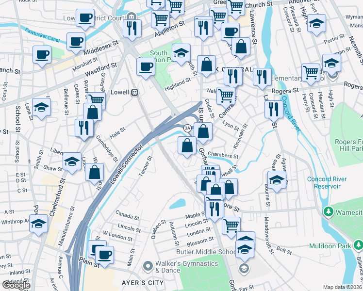 map of restaurants, bars, coffee shops, grocery stores, and more near 102 Congress Street in Lowell