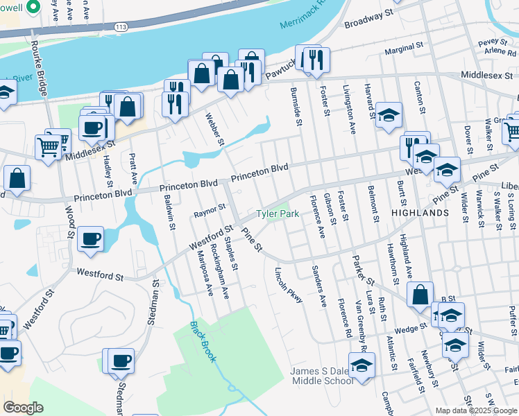 map of restaurants, bars, coffee shops, grocery stores, and more near in Lowell