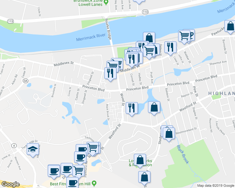 map of restaurants, bars, coffee shops, grocery stores, and more near 657 Princeton Boulevard in Lowell