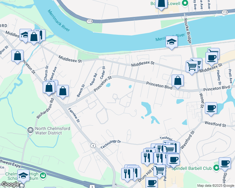 map of restaurants, bars, coffee shops, grocery stores, and more near Brouilette St in North Chelmsford
