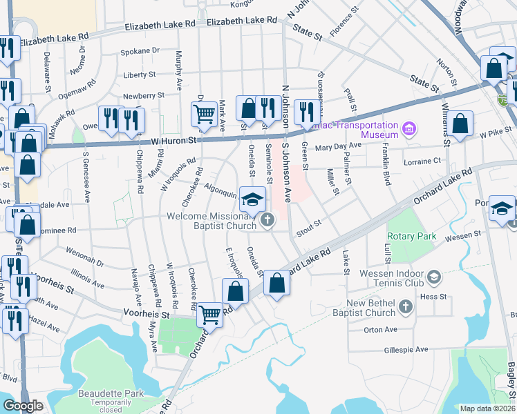 map of restaurants, bars, coffee shops, grocery stores, and more near 111 Oneida Street in Pontiac