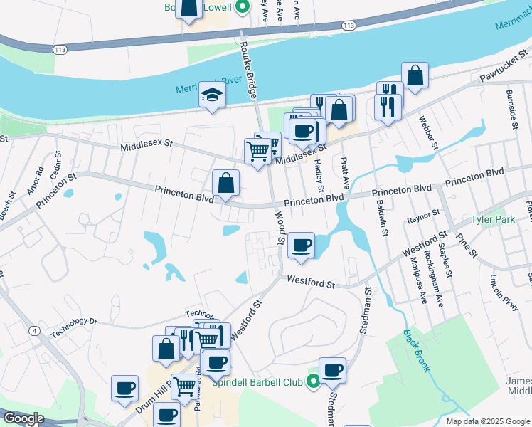 map of restaurants, bars, coffee shops, grocery stores, and more near 670 Princeton Boulevard in Lowell