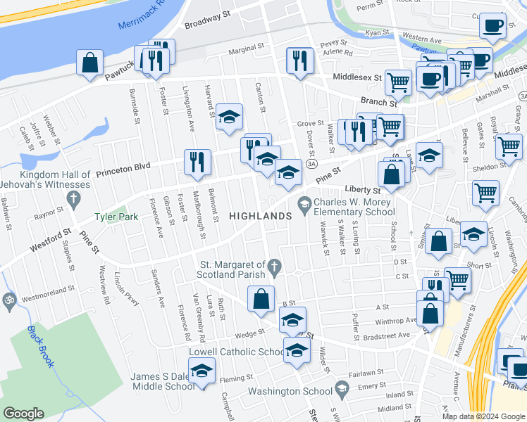 map of restaurants, bars, coffee shops, grocery stores, and more near 183 Pine Street in Lowell