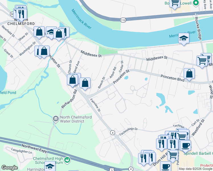 map of restaurants, bars, coffee shops, grocery stores, and more near 214 Princeton Street in Chelmsford