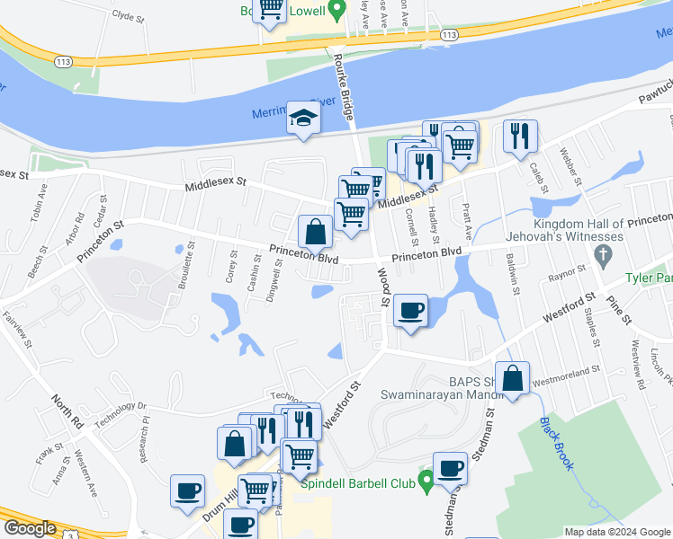 map of restaurants, bars, coffee shops, grocery stores, and more near 704 Princeton Boulevard in Lowell