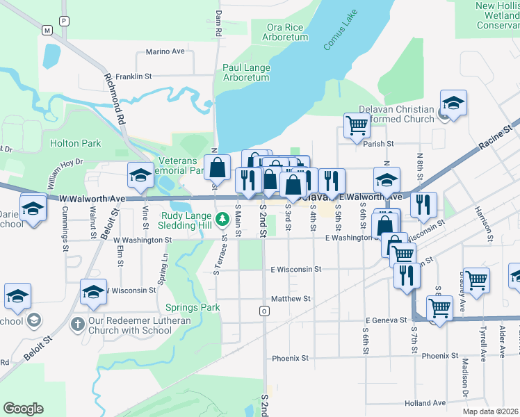 map of restaurants, bars, coffee shops, grocery stores, and more near 202 East Walworth Avenue in Delavan