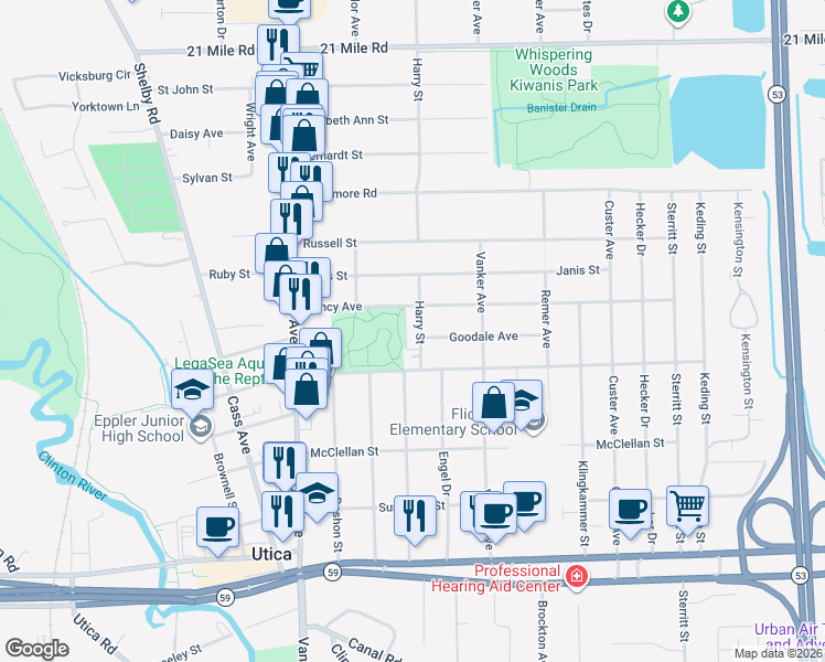 map of restaurants, bars, coffee shops, grocery stores, and more near 45851 Harry Street in Utica