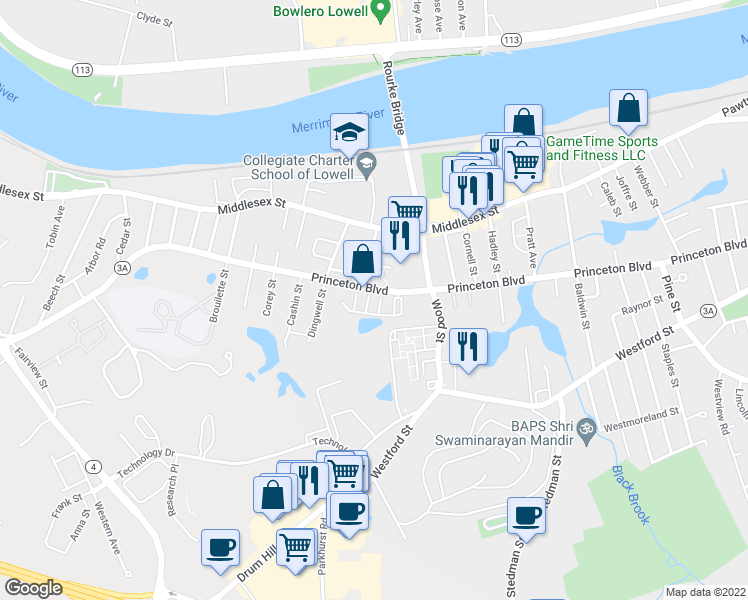 map of restaurants, bars, coffee shops, grocery stores, and more near 716 Princeton Boulevard in Lowell