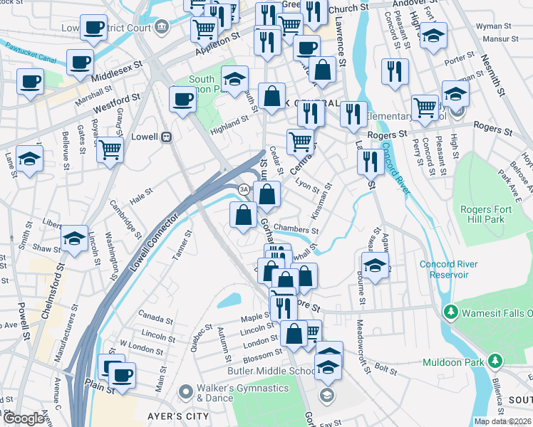map of restaurants, bars, coffee shops, grocery stores, and more near 1022 Central Street in Lowell