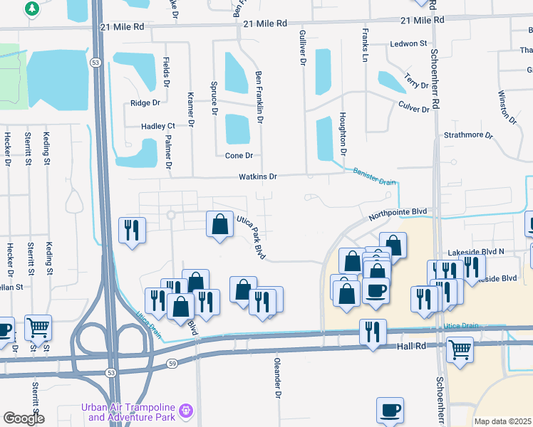 map of restaurants, bars, coffee shops, grocery stores, and more near 45555 Hidden View Court in Utica