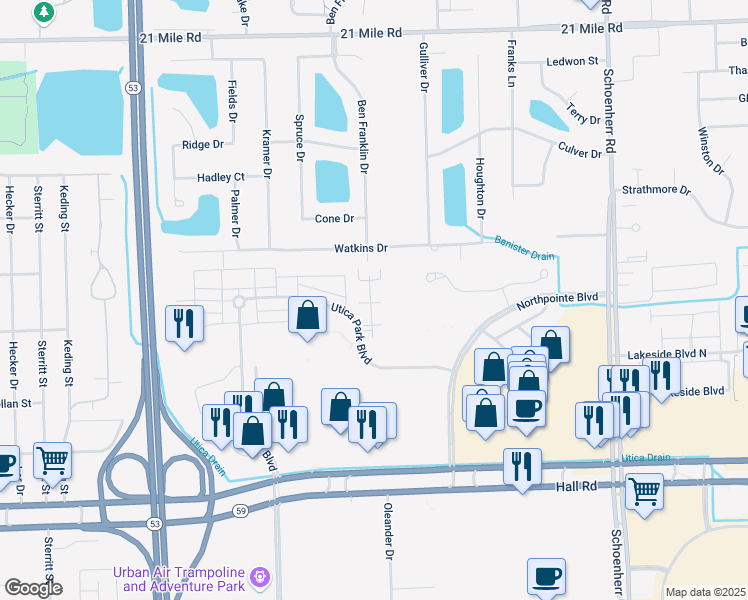 map of restaurants, bars, coffee shops, grocery stores, and more near 45555 Hidden View Court in Utica