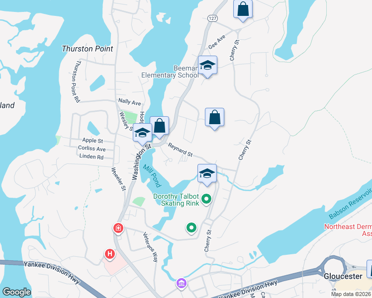 map of restaurants, bars, coffee shops, grocery stores, and more near 23 Echo Avenue in Gloucester