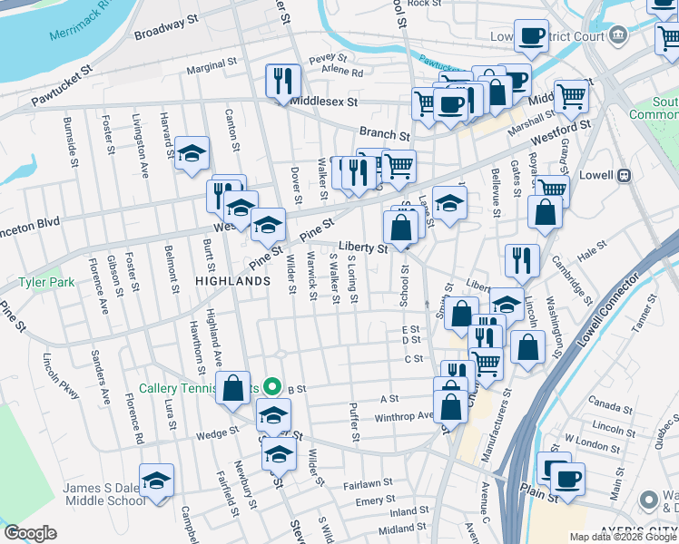map of restaurants, bars, coffee shops, grocery stores, and more near 17 South Loring Street in Lowell