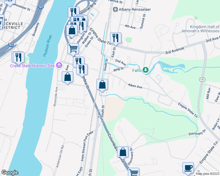 map of restaurants, bars, coffee shops, grocery stores, and more near 32 Spruce Street in Rensselaer