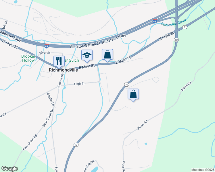 map of restaurants, bars, coffee shops, grocery stores, and more near Robert Street in Richmondville