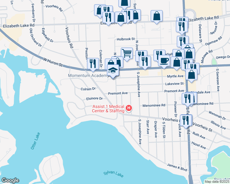 map of restaurants, bars, coffee shops, grocery stores, and more near 190 South Lynn Street in Waterford charter Township