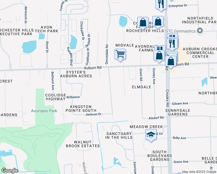 map of restaurants, bars, coffee shops, grocery stores, and more near 3112 Devondale Road in Rochester Hills