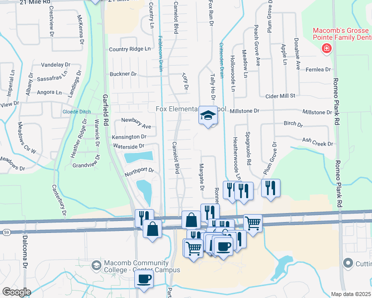 map of restaurants, bars, coffee shops, grocery stores, and more near 17165 Crosbydale Street in Macomb