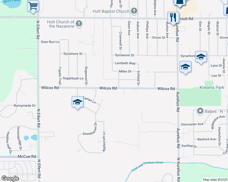 map of restaurants, bars, coffee shops, grocery stores, and more near 4737 Wilcox Road in Holt