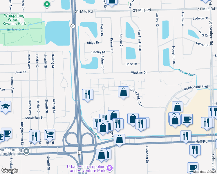 map of restaurants, bars, coffee shops, grocery stores, and more near 11699 Weingartz West in Utica