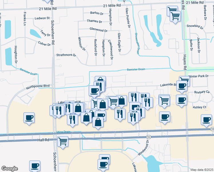 map of restaurants, bars, coffee shops, grocery stores, and more near 14209 Lakeside Boulevard North in Macomb County