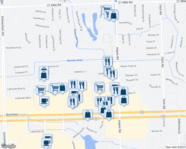 map of restaurants, bars, coffee shops, grocery stores, and more near 14834 Lakeside Boulevard North in Utica