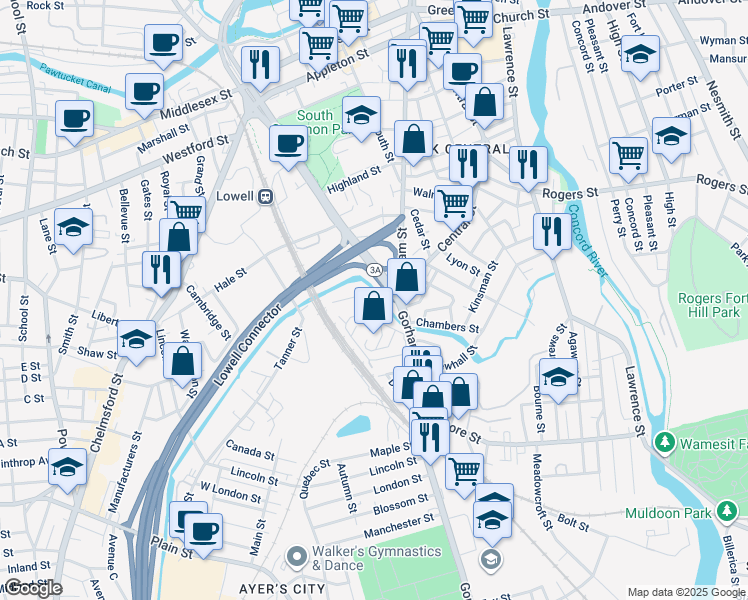 map of restaurants, bars, coffee shops, grocery stores, and more near 102 Congress Street in Lowell