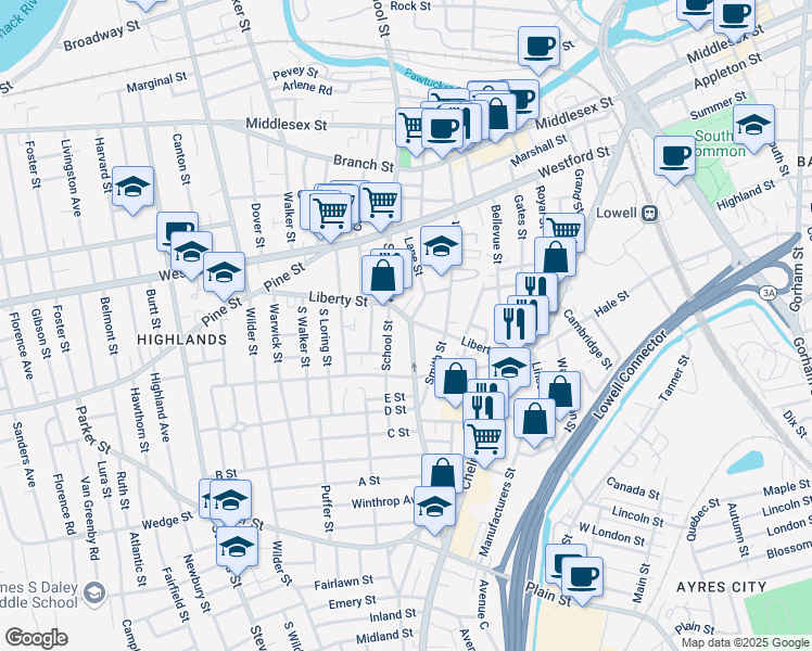 map of restaurants, bars, coffee shops, grocery stores, and more near 146 Liberty Street in Lowell