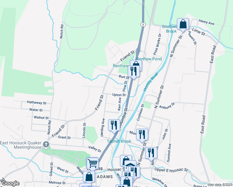 map of restaurants, bars, coffee shops, grocery stores, and more near 4 West Pine Street in Adams
