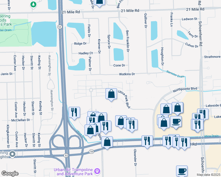 map of restaurants, bars, coffee shops, grocery stores, and more near 45627 Mandalay Circle in Utica