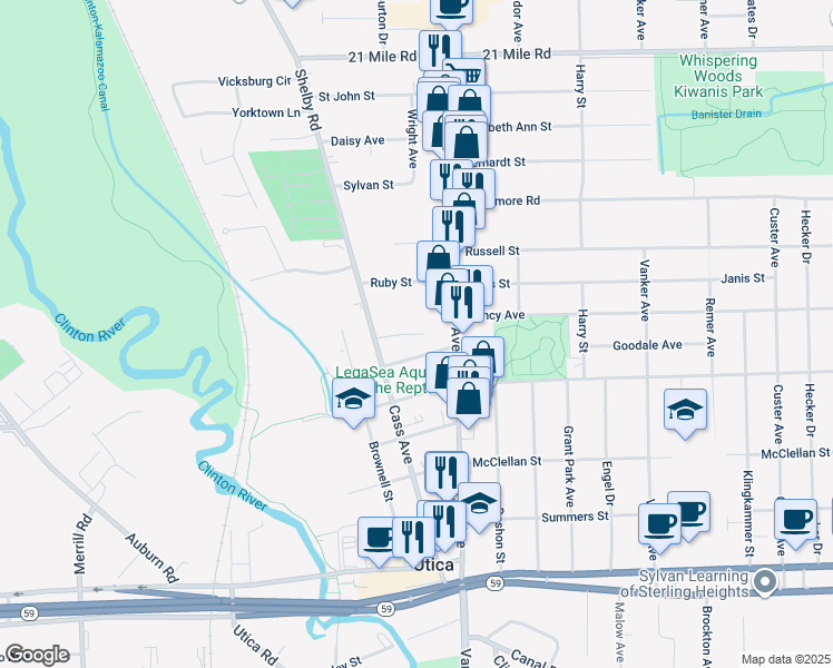map of restaurants, bars, coffee shops, grocery stores, and more near 45860 Cass Avenue in Utica