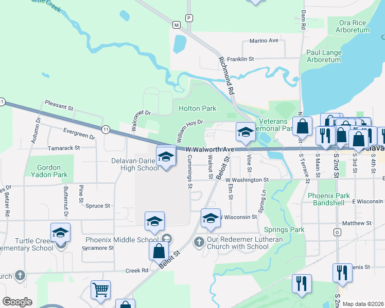 map of restaurants, bars, coffee shops, grocery stores, and more near 105 Cummings Street in Delavan