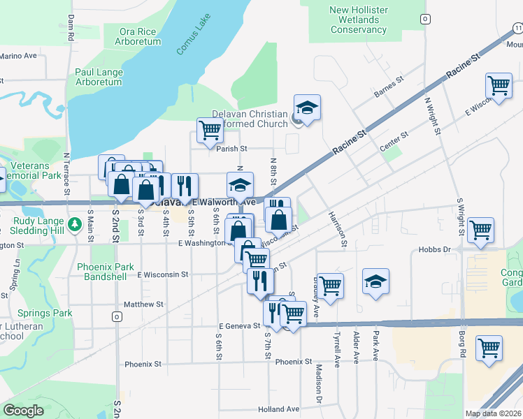 map of restaurants, bars, coffee shops, grocery stores, and more near 718 East Walworth Avenue in Delavan